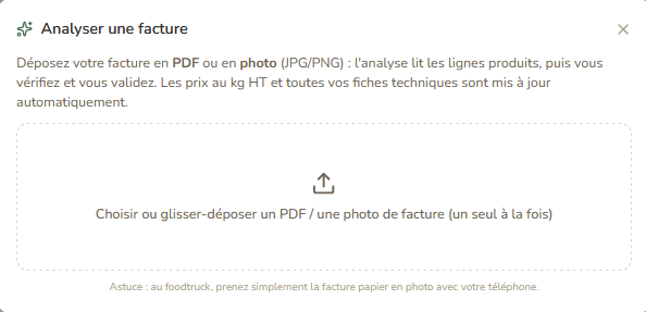 Aperçu de l'analyse de facture par dépôt de PDF ou photo